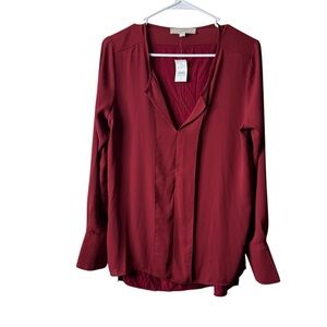 Loft Burgundy Mixed Media V-neck Long Sleeve Blouse NWT